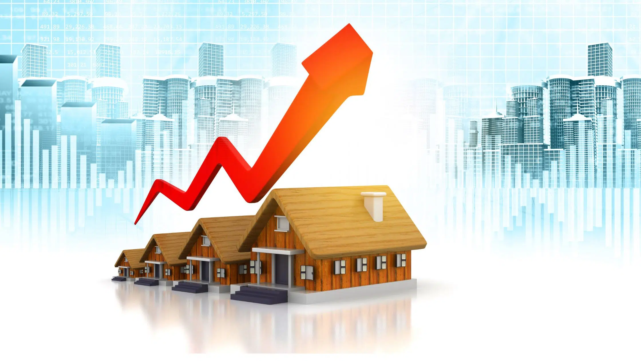 three side by side vacation homes with upward investment value arrow