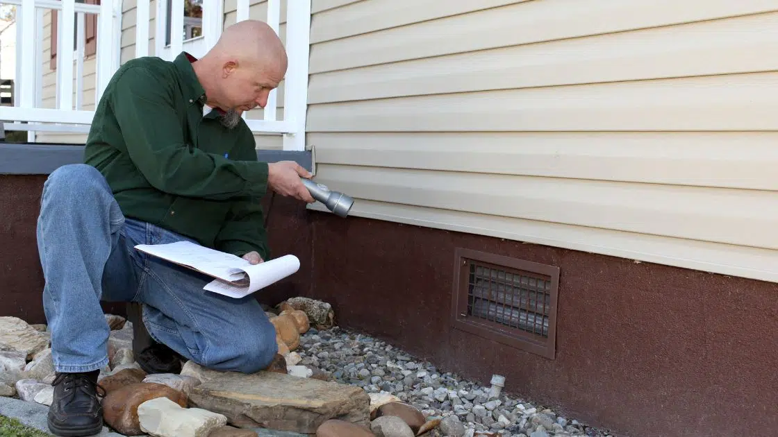 a kneeling home inspector looking for foundation issues of a house